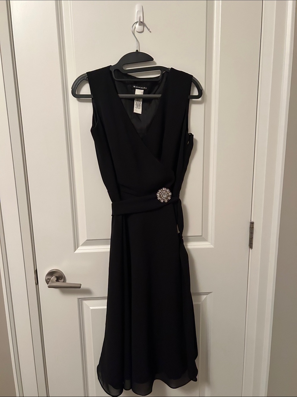 Bahari Black Sleeveless Midi Wrap Dress with Decorative Brooch